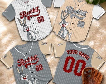 Personalized Bugs Bunny Baseball Jersey, Custom Rabbit Cartoon Shirt, Looney Tunes Fan Gift, Funny Sports Jersey for Men Women Kids