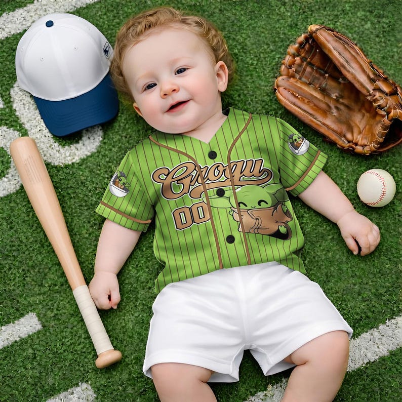 May include: A baby in a green baseball jersey with "Grogu" and a cartoon character. The baby is on a green field with a baseball bat, ball, glove, and a white and blue baseball cap. The jersey has the number 00.