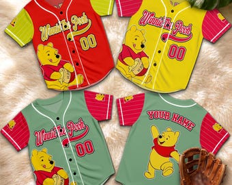 Personalized Winnie the Pooh Baseball Jersey, Custom Pooh Bear Friends Name Number Shirt, Cute Cartoon Fan Gift