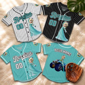 May include: Four baseball jerseys with Rosalina graphics. Two jerseys have white pinstripes, one with black pinstripes, and one with teal pinstripes. Each jersey features the name "Rosalina" and the number "00". One jersey has "YOUR NAME" on the back.