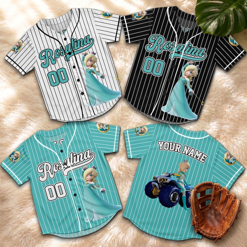 May include: Four baseball jerseys with Rosalina graphics. Two jerseys have white pinstripes, one with black pinstripes, and one with teal pinstripes. Each jersey features the name "Rosalina" and the number "00". One jersey has "YOUR NAME" on the back.