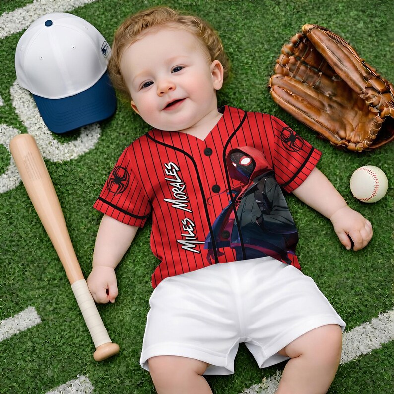 May include: A baby wearing a red and black pinstripe baseball jersey with "Miles Morales" printed on the front. The jersey features a graphic of a superhero. The baby is also wearing white shorts. A baseball bat, baseball glove, baseball, and a white and blue baseball cap are nearby.