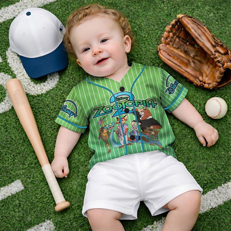 May include: A baby wearing a green baseball jersey with the text "Zootopia 2" and Disney logos, paired with white shorts. Accessories include a baseball bat, a white and blue baseball cap, a baseball glove, and a baseball. The scene is set on a green field.
