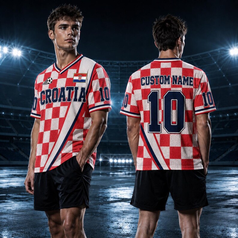 May include: A red and white checkered soccer jersey featuring the text CROATIA on the front and CUSTOM NAME with the number 10 on the back. The jersey includes a small soccer ball icon, the Croatian flag, and the number 10 on the sleeves.