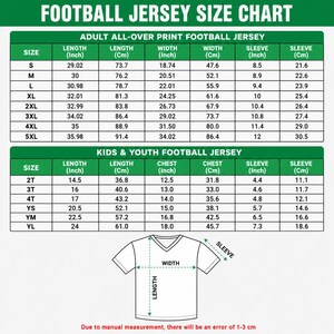 May include: A football jersey size chart featuring two tables for adult and kids/youth sizes. The tables list length, width, and sleeve measurements in inches and centimeters. A line drawing of a v-neck jersey shows where to measure length, width, and sleeve.