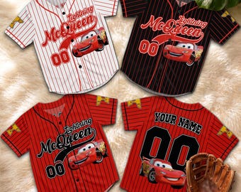 Personalized Lightning McQueen Baseball Jersey, Custom Cars Pixar Racing Sports Shirt, Cartoon Family Matching Gift Tee