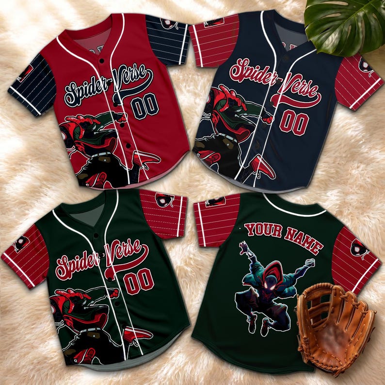 May include: Four short-sleeve button-down baseball jerseys featuring Spider-Verse graphics. Three jerseys display the text Spider-Verse and the number 00 in red, navy, or green. One green jersey features the text Your Name and a leaping character.