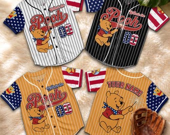 Custom Pooh Bear USA Baseball Jersey, Disney Family Matching Shirt, July 4th Vacation Outfit, Patriotic Holiday Gift Tee