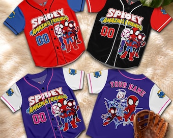 Personaliseer honkbaljersey en zijn geweldige vrienden, aangepaste Spider Ghost Spidey Spin-jersey, land Trip-superheldenteam kindershirt