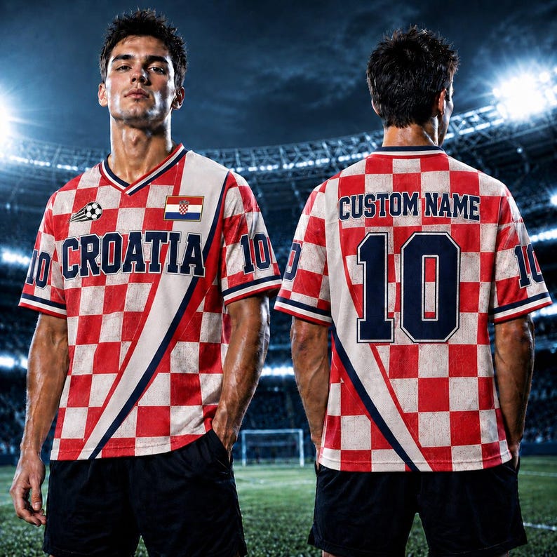 May include: A red and white checkered soccer jersey featuring the text CROATIA on the front and CUSTOM NAME with the number 10 on the back. The design includes a small soccer ball graphic, the Croatian flag, and the number 10 on the sleeves.