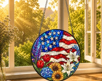 American Flag Flower Hologram Window Hanging, Patriotic Acrylic Suncatcher, USA Window Decor, Fourth Of July Sun Catcher, Memorial Day Gift