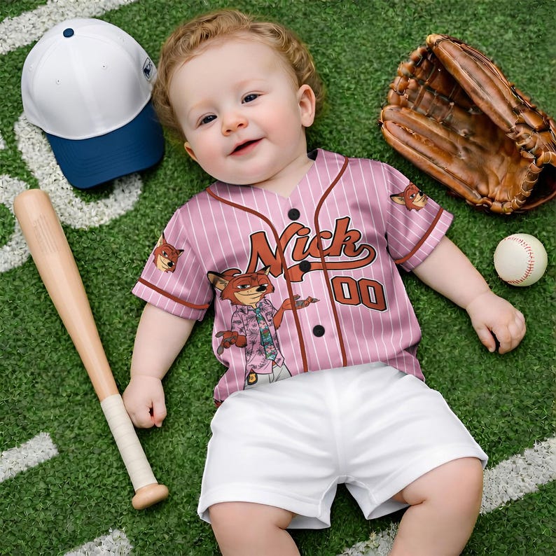 May include: A baby wearing a pink baseball jersey with the name "Nick" and the number "00" on the front. The jersey has a cartoon fox graphic. The baby is lying on green turf with a baseball bat, baseball glove, baseball, and a white and blue baseball cap.