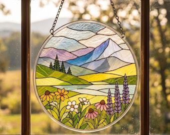 Mountain Landscape Stained Glass Suncatcher, Wildflower Window Hanging, Nature Scenery Sun Catcher, Rustic Cabin Home Decor Gift
