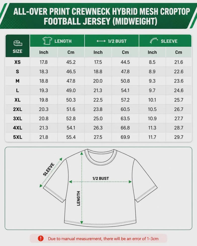 May include: A size chart for an all-over print crewneck hybrid mesh croptop football jersey. The chart includes columns for length, 1/2 bust, and sleeve measurements in inches and centimeters for sizes XS through 5XL, with a line drawing of the shirt.