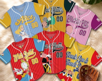 Personalized Alice in Wonderland Baseball Jersey, Custom Alice Mad Hatter Cheshire Cat White Rabbit Queen of Hearts Shirt