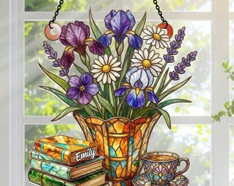 Nostalgic Tulips Books And Tea Set Personalized Acrylic Suncatcher, Floral Window Hanging, Book Lover Gift Decor