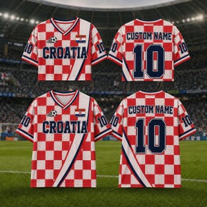 May include: A red and white checkered soccer jersey featuring the text CROATIA on the front and CUSTOM NAME with the number 10 on the back. The design includes a small soccer ball graphic, the Croatian flag, and the number 10 on the sleeves.