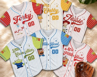 Personalized Toy Story 5 All Characters Jersey Shirt, Custom Name Disney Pixar Baseball Jersey,Woody Buzz Lightyear Family Matching Tee Gift