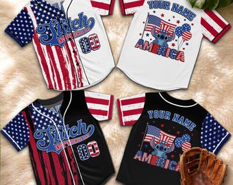 Custom Stitch Baseball Jersey, Patriotic Disney Family Shirt, USA Independence Day Vacation Outfit, July 4th Holiday Tee
