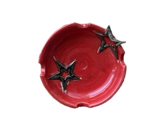 Handmade Ceramic Ashtray, Red Glaze Star Accents, Wheel-Thrown Pottery Dish