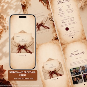 May include: A digital bridesmaid proposal template displayed on a smartphone screen and printed cards, featuring a vintage parchment background, lace-trimmed envelopes, burgundy wax seals, and elegant serif typography with the text Will You Be My Bridesmaid.