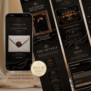 RSVP Tracking Dark Romance Wedding Website Template, Gothic Wedding Invitation, Luxury Black Wedding Website, Canva Wedding Invite