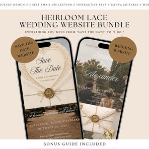 Op de afbeelding: Een digitaal trouwwebsite-pakket met twee smartphoneschermen die sjablonen tonen met de titel Heirloom Lace Wedding Website Bundle. De schermen tonen Save The Date en Wedding Website ontwerpen met elegante scripttekst en kantmotieven.