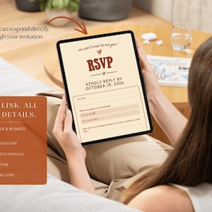 May include: A digital tablet displaying a wedding RSVP form with the text we can't wait to see you, RSVP, and kindly reply by October 15, 2026. The screen features input fields for guest names, attendance status, and a section for items being brought.