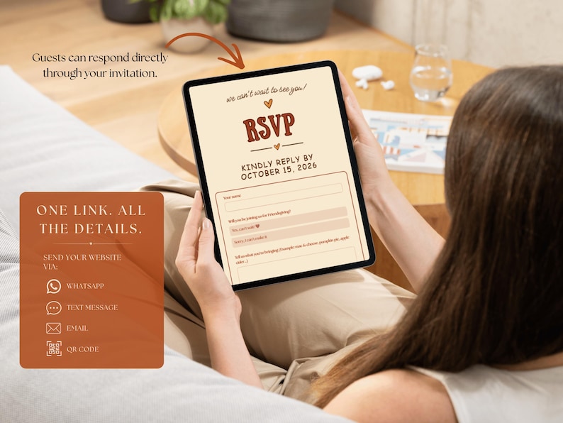 May include: A digital tablet displaying a wedding RSVP form with the text we can't wait to see you, RSVP, and kindly reply by October 15, 2026. The screen features input fields for guest names, attendance status, and a section for items being brought.