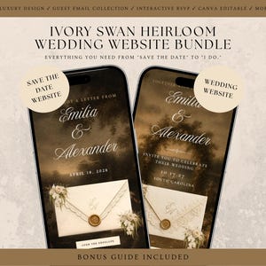 Op de afbeelding: Twee smartphones tonen een Ivory Swan Heirloom trouwwebsite-bundel. De schermen tonen elegante donkere achtergronden met witte tekst, waaronder de namen Emilia en Alexander, datums en een afbeelding van een witte envelop met een gouden waszegel.