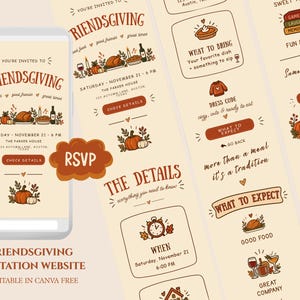 May include: A digital Friendsgiving invitation website template displayed on a smartphone screen and vertical panels. The design features warm cream backgrounds, brown text, and autumn-themed illustrations like pumpkins, roasted turkey, and wine glasses.