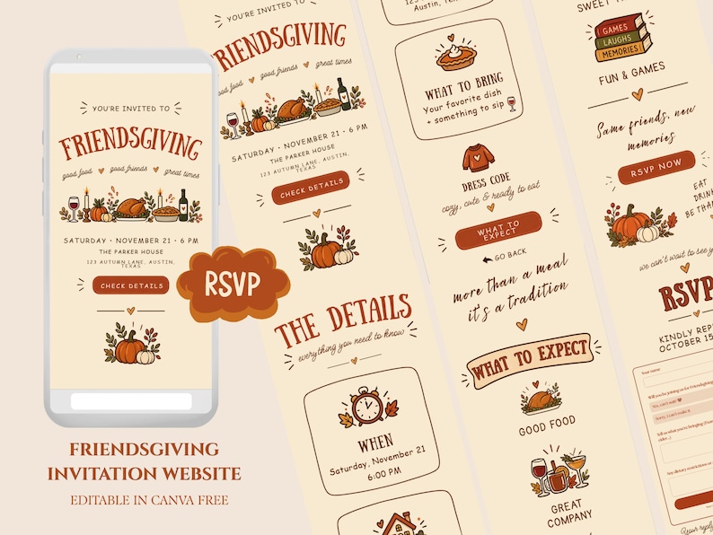 May include: A digital Friendsgiving invitation website template displayed on a smartphone screen and vertical panels. The design features warm cream backgrounds, brown text, and autumn-themed illustrations like pumpkins, roasted turkey, and wine glasses.