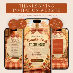 May include: Three smartphones displaying a digital Thanksgiving invitation website template. The screens feature a scalloped tag design with a red gingham bow, autumn leaves, and text including You're Invited to Thanksgiving at Our House.