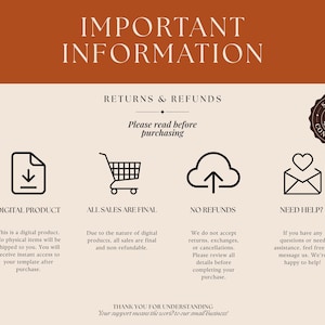 May include: An informational graphic with a rust-colored header reading IMPORTANT INFORMATION. Below, the text reads RETURNS & REFUNDS, Please read before purchasing, DIGITAL PRODUCT, ALL SALES ARE FINAL, NO REFUNDS, NEED HELP, and THANK YOU FOR UNDERSTANDING.