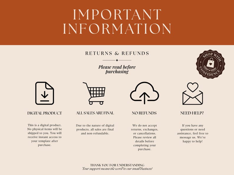 May include: An informational graphic with a rust-colored header reading IMPORTANT INFORMATION. Below, the text reads RETURNS & REFUNDS, Please read before purchasing, DIGITAL PRODUCT, ALL SALES ARE FINAL, NO REFUNDS, NEED HELP, and THANK YOU FOR UNDERSTANDING.