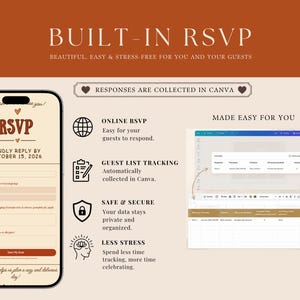 May include: A digital RSVP template displayed on a smartphone screen with the text RSVP and Kindly Reply By October 15, 2026. The graphic includes icons for online RSVP, guest list tracking, security, and stress reduction, plus a Canva data table.