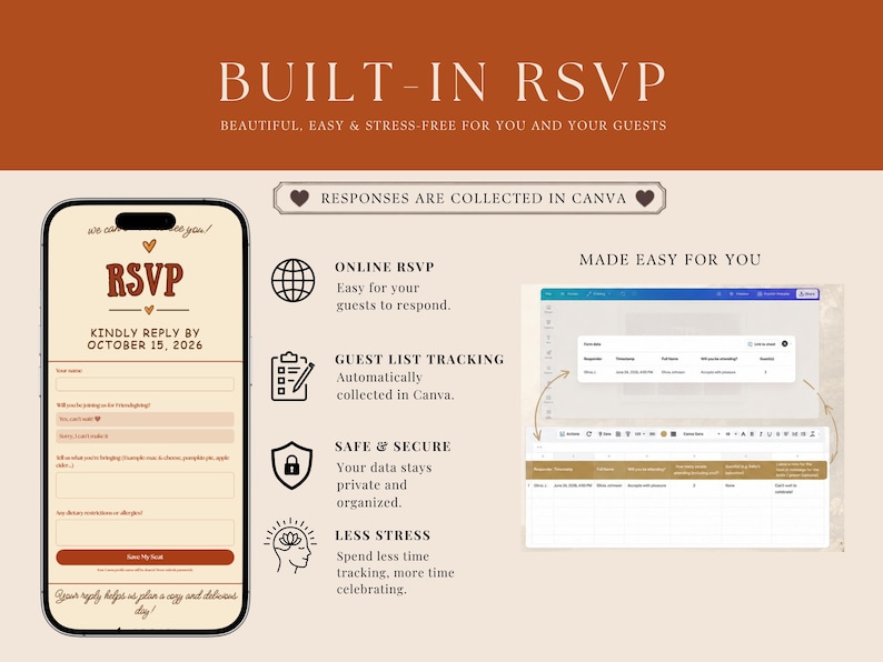 May include: A digital RSVP template displayed on a smartphone screen with the text RSVP and Kindly Reply By October 15, 2026. The graphic includes icons for online RSVP, guest list tracking, security, and stress reduction, plus a Canva data table.