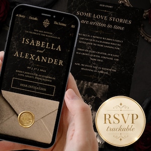 Può includere: Uno smartphone mostra un invito di nozze per Isabella e Alexander, datato 27 settembre 2026. Sono visibili anche una scheda RSVP e una busta dorata. Il design presenta un tema scuro ed elegante con dettagli dorati.