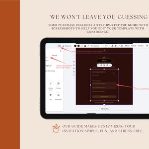 May include: A digital tablet displaying a software interface for editing an RSVP template. The screen shows a dark-themed form with red arrows pointing to editing tools, settings, and form fields. Text reads: BONUS: CUSTOMIZATION GUIDE.