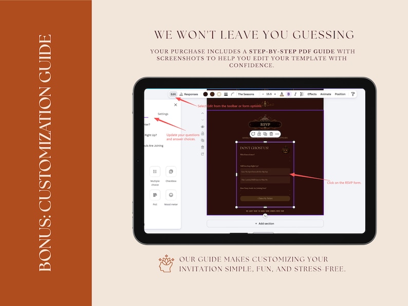 May include: A digital tablet displaying a software interface for editing an RSVP template. The screen shows a dark-themed form with red arrows pointing to editing tools, settings, and form fields. Text reads: BONUS: CUSTOMIZATION GUIDE.