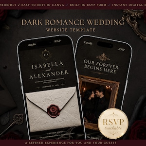 Può includere: Un modello di sito web per matrimoni intitolato Dark Romance Wedding con due schermi di smartphone che mostrano eleganti layout neri e dorati, inclusi testi come Isabella and Alexander, Our Forever Begins Here e un pulsante RSVP tracciabile.