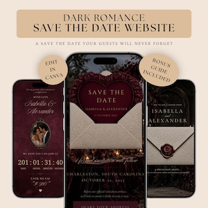 Plantilla web de boda gótica con temática de romance oscuro para anunciar la fecha de la boda, descarga digital, formulario de recopilación de direcciones, plantilla de boda en Canva.
