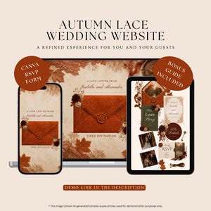 Puede incluir: Una plantilla de sitio web de bodas digital con motivos de encaje otoñal, mostrada en una computadora portátil, un teléfono inteligente y una tableta. Las pantallas muestran el texto AUTUMN LACE WEDDING WEBSITE y A LOVE LETTER FROM Isabella and Alexander.
