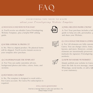 May include: An FAQ graphic for a Friendsgiving website template with a rust-colored header. It lists questions and answers regarding purchase inclusions, digital format, customization, Canva compatibility, instructions, design changes, sharing methods, and support.