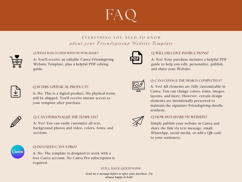 May include: An FAQ graphic for a Friendsgiving website template with a rust-colored header. It lists questions and answers regarding purchase inclusions, digital format, customization, Canva compatibility, instructions, design changes, sharing methods, and support.