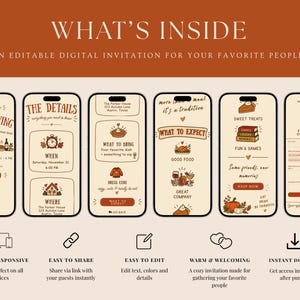 May include: Six smartphone screens displaying an editable digital Friendsgiving invitation with a cream background and rust-colored text. The design features autumn-themed illustrations including pumpkins, pies, and drinks, with sections for event details, RSVP, and menu information.