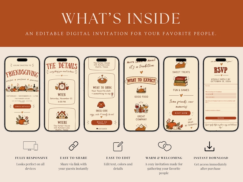 May include: Six smartphone screens displaying an editable digital Friendsgiving invitation with a cream background and rust-colored text. The design features autumn-themed illustrations including pumpkins, pies, and drinks, with sections for event details, RSVP, and menu information.