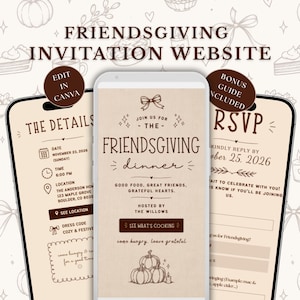 May include: A digital Friendsgiving invitation website template displayed on three smartphones. The screens feature a beige background with brown text, including sections for event details, RSVP, and dinner information, decorated with line-art pumpkins.