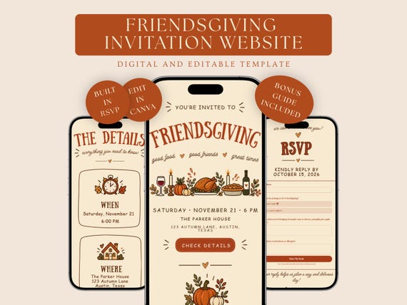 Friendsgiving Invitation Website Template, Editable Canva Friendsgiving Invite, Thanksgiving Dinner Invitation with RSVP & Potluck Sign Up