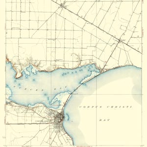May include: Vintage map of Corpus Christi, Texas, featuring the city and surrounding areas. The map shows the coastline, roads, and geographical features in shades of beige, blue, and brown. The title "CORPUS CHRISTI" is at the top.
